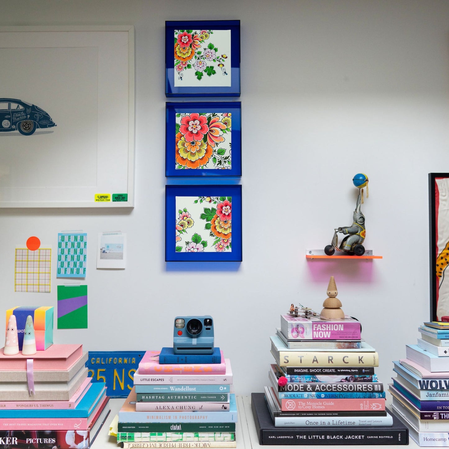 Delftsblauwe bloemen in blauwe lijst (set van 3)