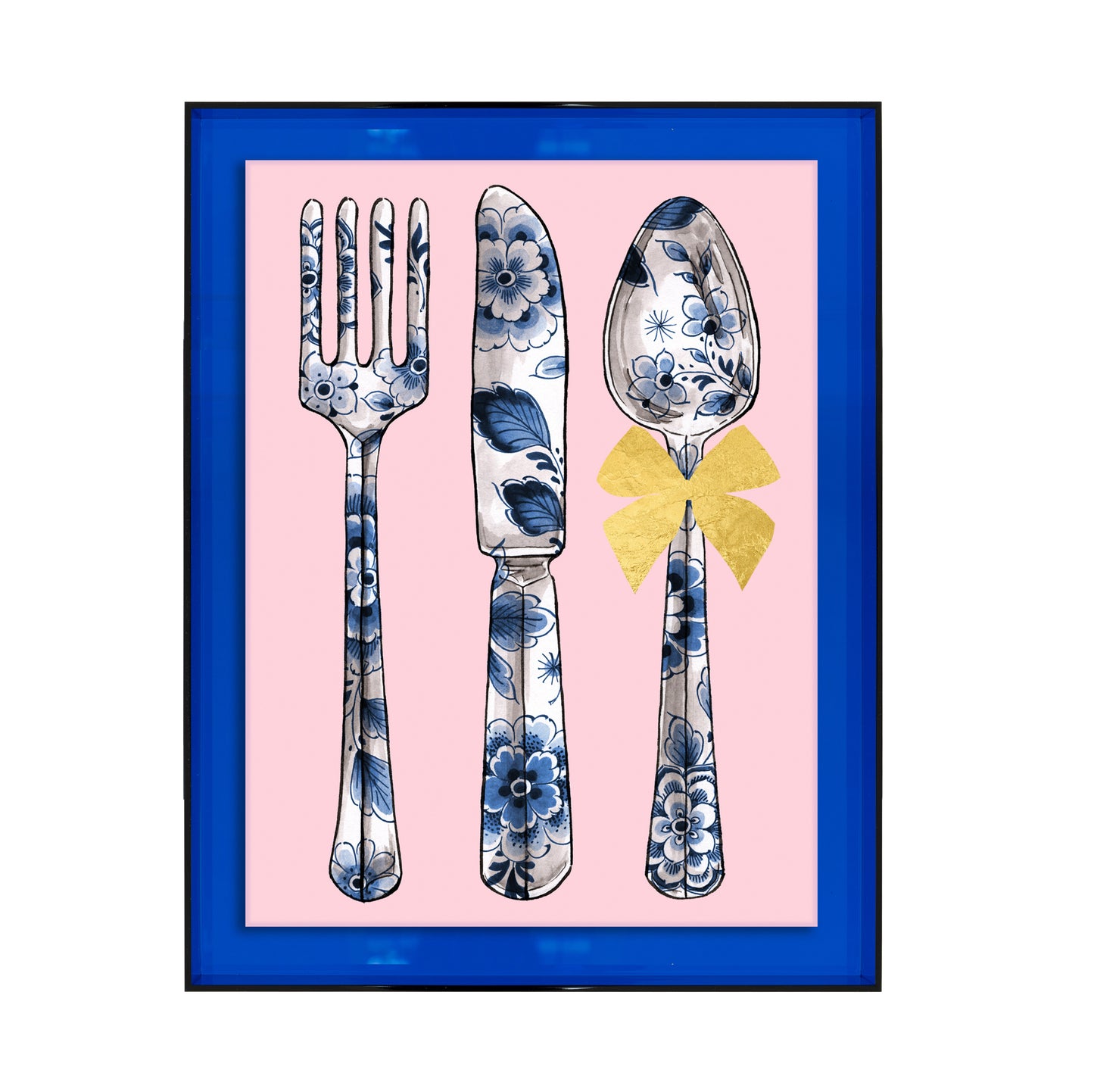 Delftsblauw bestek op roze achtergrond