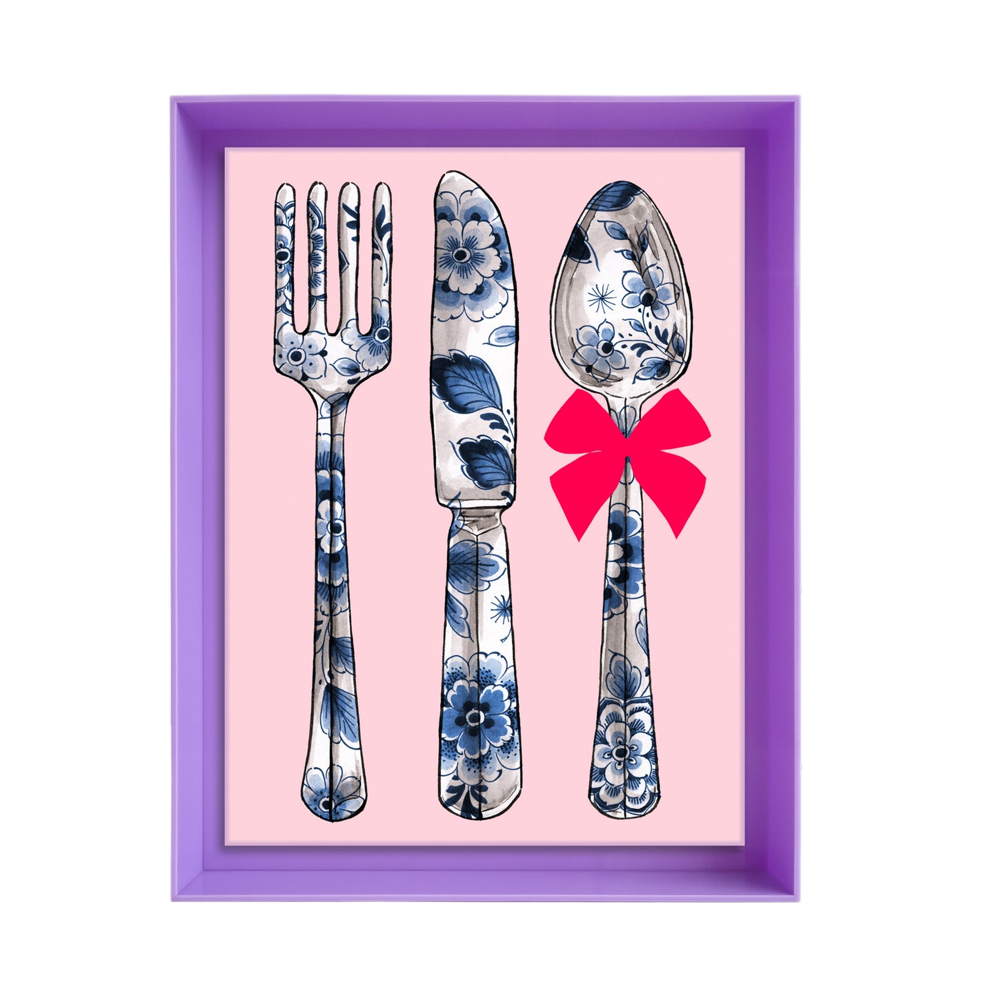 Delftsblauw bestek op roze achtergrond