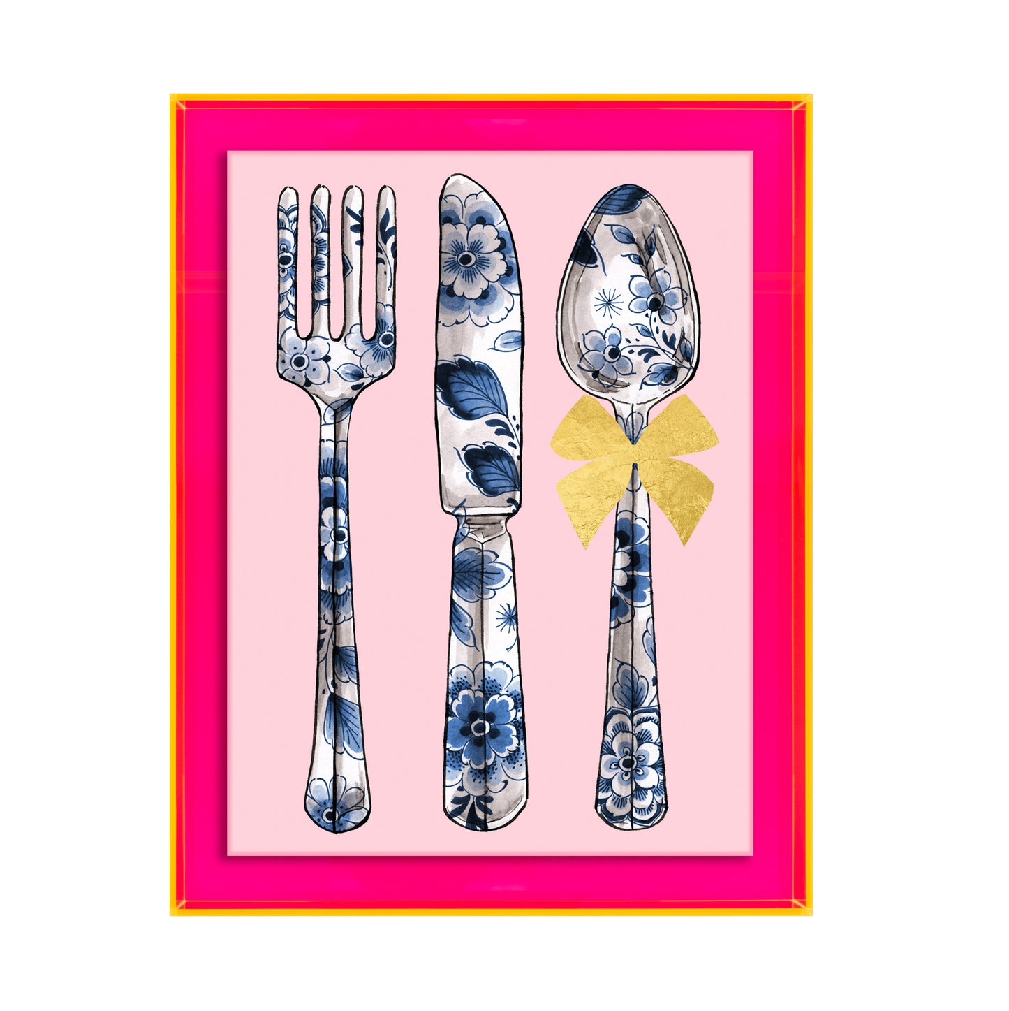 Delftsblauw bestek op roze achtergrond
