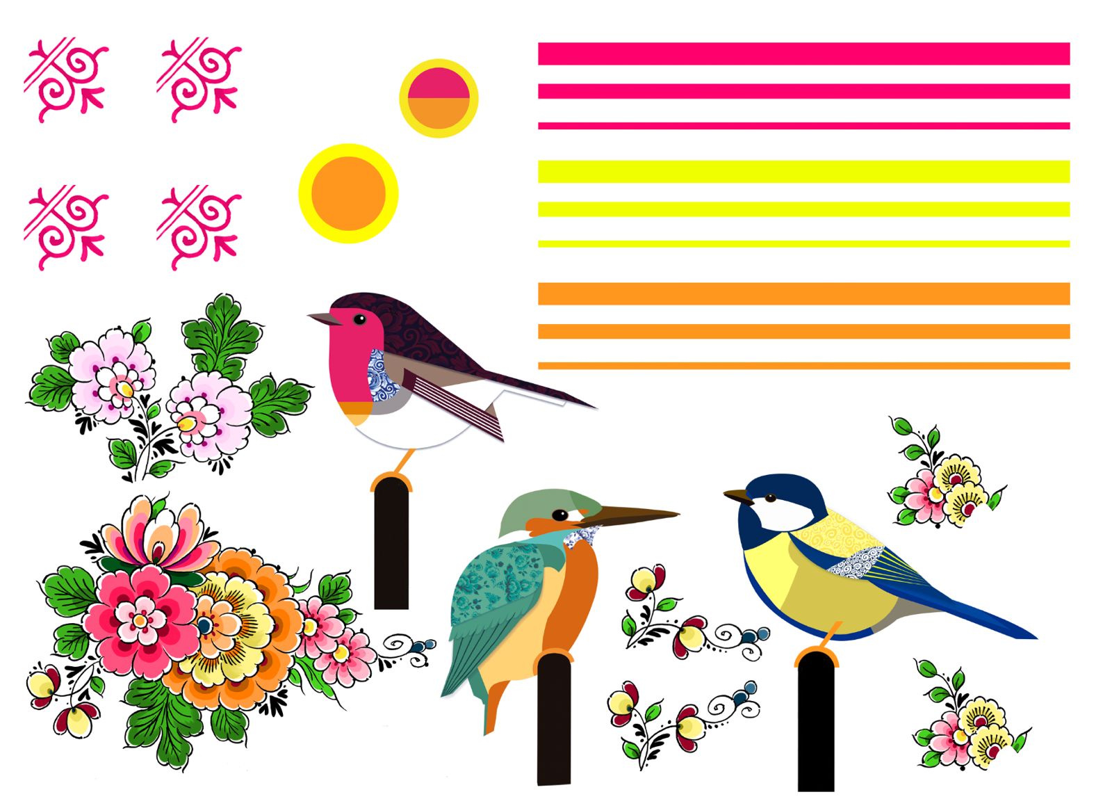 Waterslide transfer met moderne vogels en geometrische elementen en delftsblauwe patronen