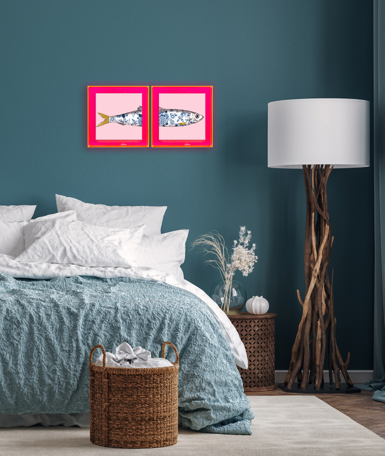 Delfts blauwe haring met gouden vinnen in neon roze lijst